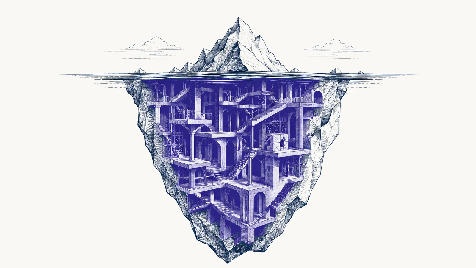 Ilustração editorial: corte transversal de iceberg com estrutura submersa — riscos ocultos